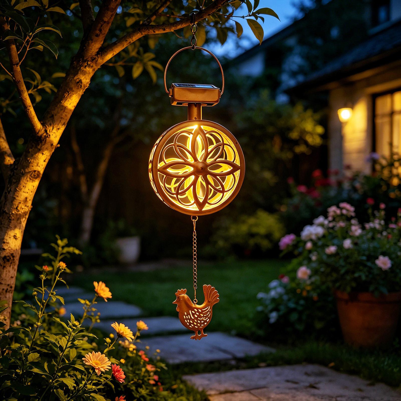 Outdoor Lighting Yellow - Solar-Außen-Hängeleuchte aus Eisen, Windspiel, Blumenlampe, wasserdicht,