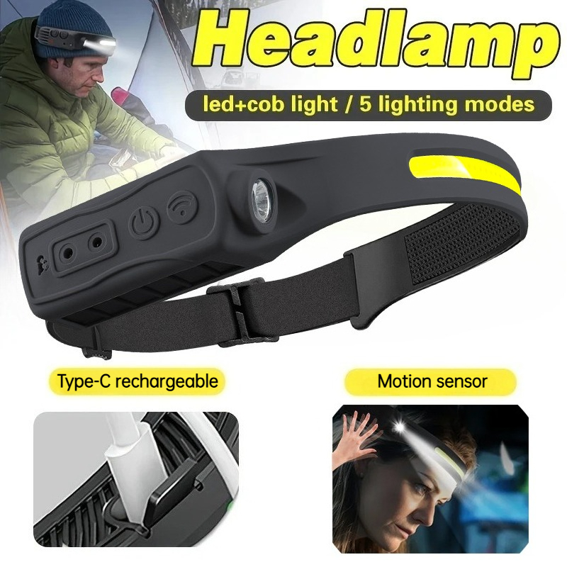 Outdoor Lighting With Sensor - Leistungsstarke COB-LED-Sensor-Stirnlampe, wiederaufladbare Kopf-Taschenlampe, 5 Beleuchtungsmodi,