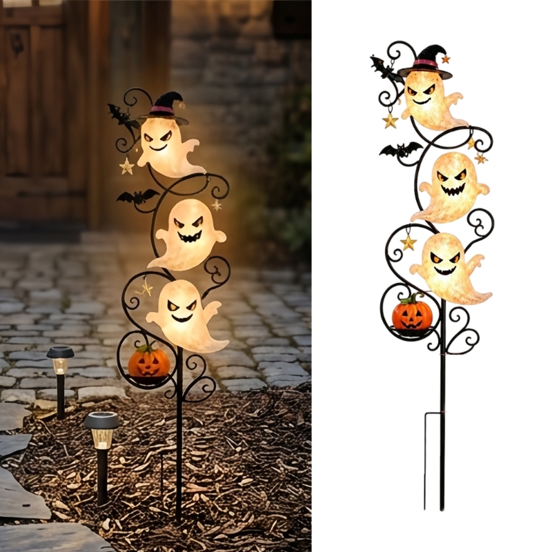 Outdoor Lighting Accent - Solar-Halloween-Hofpfahl-Licht mit drei Geisterfiguren für Gehweg-Veranda-Eingang,