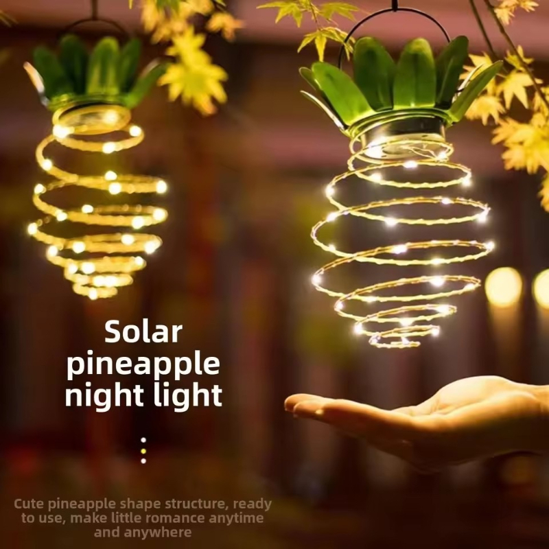 Outdoor Lighting No Wiring - Solarbetriebene LED-Lichterkette mit Kupferdraht, Ananas-Eisenlaterne, Wasserdichte
