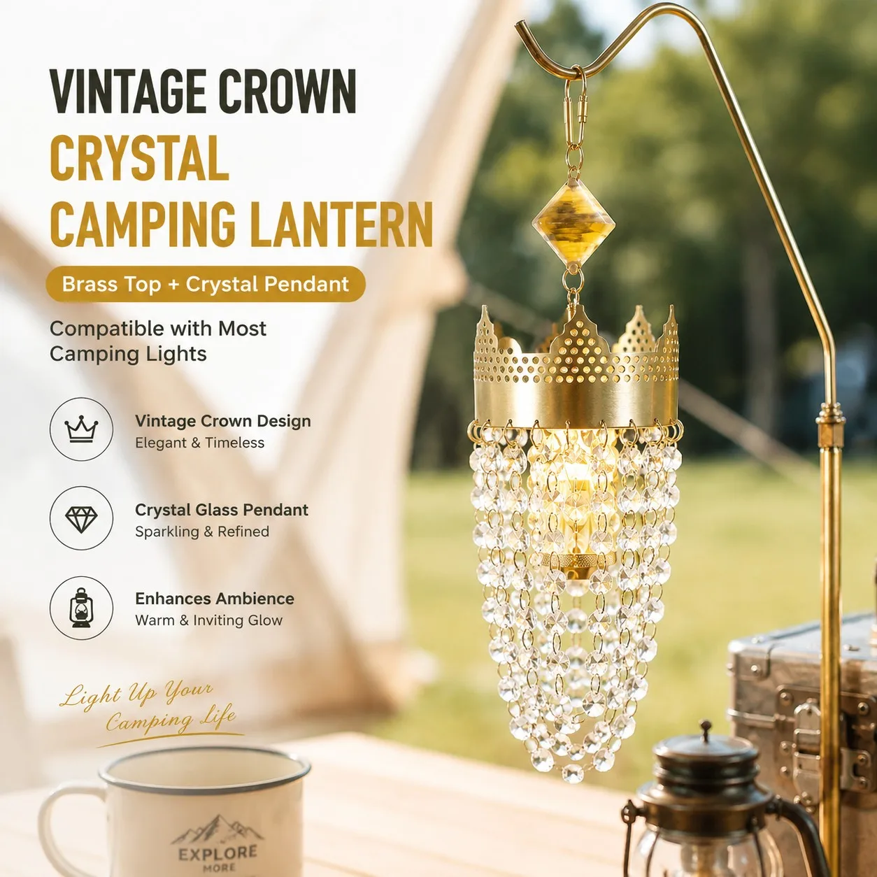 Outdoor Lighting Brass - Vintage Kronen-Kristall-Campinglampenschirm, Messingkrone + Glasprisma, geeignet